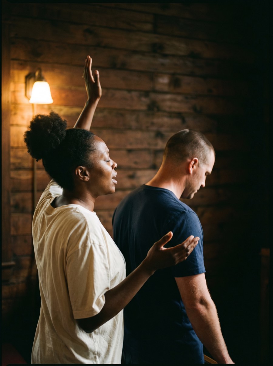 A woman worshipping with one hand raised beside a man with his head bowed, lit by a single wall lamp.