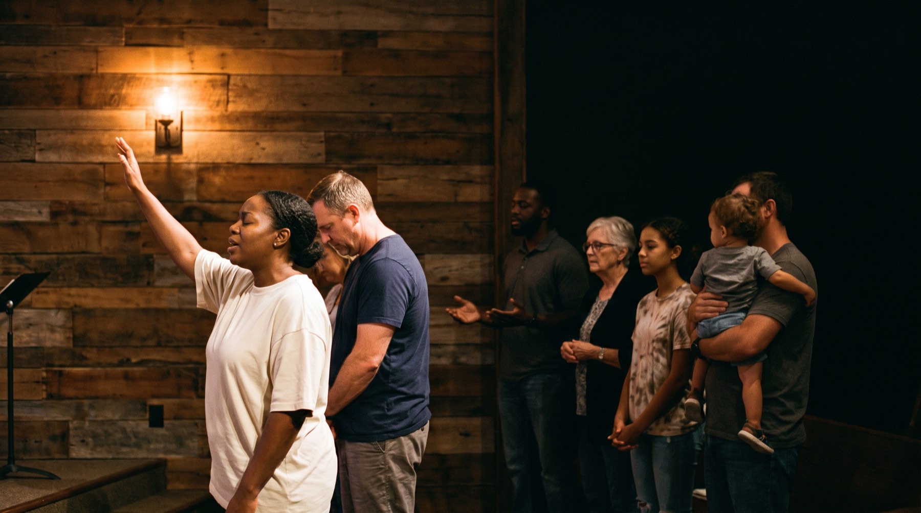 A mixed congregation standing in worship in a dimly lit room with a timber wall, one woman with her arm raised in the light.